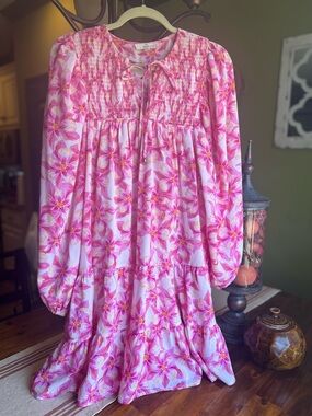 Entro Pink Floral Smocked Yoke Long Sleeve Dress